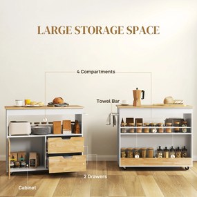 HOMCOM Wózek kuchenny, przenośna wyspa kuchenna, trolley kuchenny z przegrodami, szafką i blatem roboczym, Biały