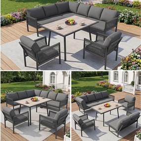 Zestaw wypoczynkowy ogrodowy 7-8 osobowy - z sofą narożną + stolikiem + 2 ręcznie tkanymi fotelami - metalowy - szary