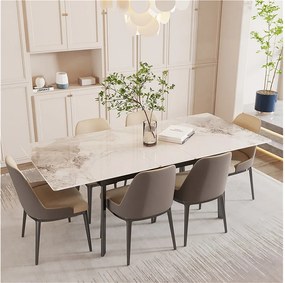 Rozkładany stół jadalny na 4-8 osób z kamienia spiekanego - Efekt białego marmuru - 130-160cm