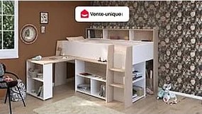 Łóżko piętrowe 90 x 200 cm z biurkiem i schowkami - Biały i naturalny + Materac - APOLINO