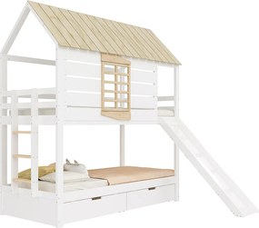 Łóżko piętrowe dla dzieci 90x200 cm - ze zjeżdżalnią i 2 szufladami - białe + kolor naturalny (bez materaca)