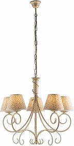 Żyrandol Wiedeń z lakierowanego żelaza w kolorze kości słoniowej, dekor stare złoto, klosze PVC z efektem juty Ø13 cm, elegancki styl, 5 świateł