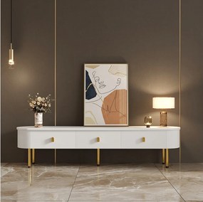 Biała szafka RTV - Szafka RTV do salonu z 3 szufladami - Uchwyty i złote nogi