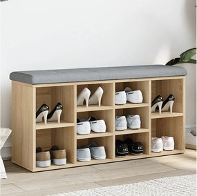 Ławka na buty dąb sonoma 10 modułów z jasnoszarym poduszkiem, drewno inżynieryjne 102x32x50 cm, przechowywanie i wygodne siedzisko