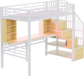 Łóżko piętrowe metalowe dla dzieci - 90 x 200 cm - z drabinką + półki + stolik + diody LED - białe