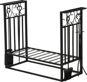 Stojak na drewno kominkowe HOMCOM z akcesoriami, regał na drewno, podstawka na drewno kominkowe, narzędzia kominkowe, Stal Czarny 75 x 30 x 60 cm