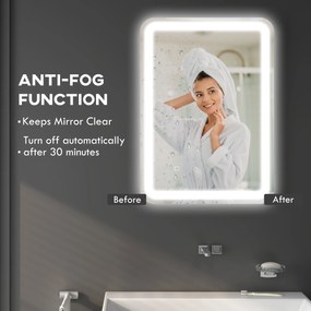 HOMCOM Lustro łazienkowe z oświetleniem LED, kontrola dotykowa, przeciwmgielne, z możliwością ściemniania, 3 kolory światła, 50x70, Srebrny