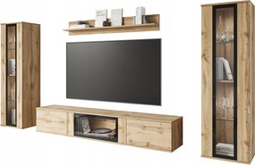 Nowoczesna meblościanka do salonu – mat, 2 witryny i szafka RTV 180 Dąb Wotan