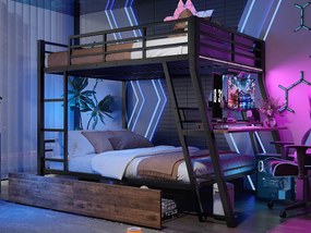 Łóżko piętrowe 140x200 cm - z oświetleniem LED - z 2 szufladami - z rampą + drabinką - z biurkiem - czarne