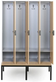 Drewniana szafa ubraniowa S4 z ławką, 4-drzwiowa, 1871 x 1200 x 500/800 mm, demontaż, zamek obrotowy, szary/pomarańczowy