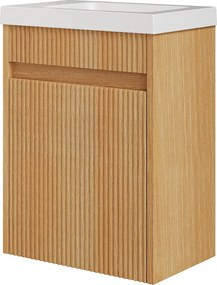 Wisząca szafka pod umywalkę z prążkowanego drewna jesionowego z umywalką z matowej białej żywicy - Naturalny jasny - 40 x 25,5 x 54 cm - DROVI