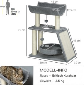 PawHut Drapak dla kota, w zestawie zabawka i legowisko, 60 cm x 30 cm x 76 cm, jasnoszary | Aosom PL