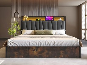 Łóżko z pojemnikiem 180x200cm z tkaniny lnianej - z LED, portami ładowania i stelażem na listwy - Szare