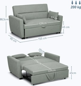 HOMCOM Sofa 2-osobowa z funkcją łóżka, Regulowane oparcie, Kanapa tapicerowana, Wygląd aksamitu, do salonu, sypialni, Jasnoszary