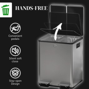 HOMCOM 2 x 20 L podwójny kosz na śmieci, otwieranie pedałem, łatwe czyszczenie, stal nierdzewna, plastik, srebrny | Aosom PL