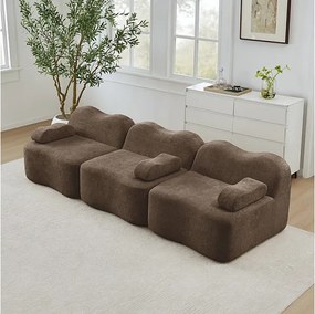 Canapé 3 places modulable forme vague en velours, avec coussin d'accoudoir, 288x98x70cm, Marron