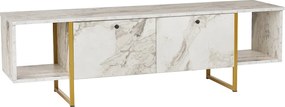 Szafka RTV 2 pary drzwiczek i 2 półki - Imitacja białego marmuru i złoty - DERANA