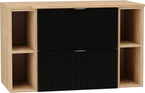 Czarny Zestaw Łazienkowy 100cm Szafka Blat Orzech Regały Orzech Ryflowane Fronty