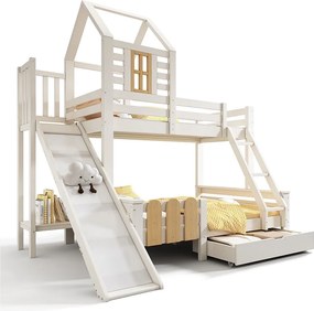 Podwójne łóżko piętrowe 90×200 cm + 140×200 cm - ze zjeżdżalnią - z 1 szufladą - z dachem i oknami - Drewno lite + MDF - Białe (bez materaca)