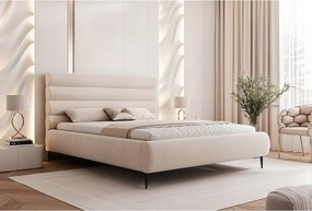 BESILIO Stylowe łóżko z pojemnikiem 160x200 Marbella II- łóżko tapicerowane na wysokich nogach, stelaż drewniany - Kremowe