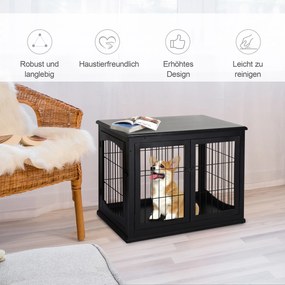 Pawhut Klatka dla Psa do Domu 2 Drzwi Zwierzęta Domowe MDF Metal Czarna, 58,5 x 81 x 66 | Aosom PL