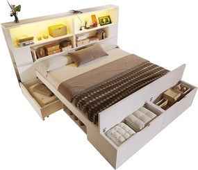 Łóżko dziecięce drewniane z pojemnikiem - 140 x 200 cm - z zagłówkiem ze schowkiem + diody LED + USB + szuflady + ławka - drewno - białe
