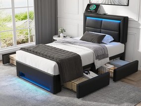 Łóżko z szufladami 90x200 cm z ekoskóry - z LED i portami ładowania (przewodowymi i bezprzewodowymi) - Czarne