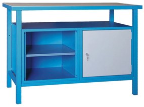 Stół warsztatowy GD, świerk + bukowa sklejka, 1 szafka, 1 półka, 1190 x 600 x 850 mm, niebieski