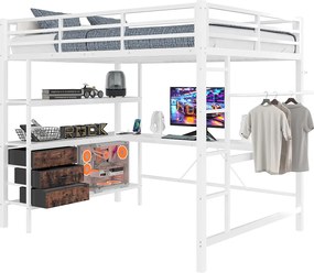 Łóżko piętrowe 140 x 200 cm z biurkiem narożnym, 3 szufladami i półkami - port USB i oświetlenie ambientowe - metalowe - białe (materac nie jest wliczony w cenę)