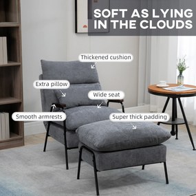 HOMCOM Fotel z Ottomaną Tapicerowany Fotel Relaksacyjny, w zestawie Poduszka, 68 cm x 91,5 cm x 88 cm, Jasnoszary