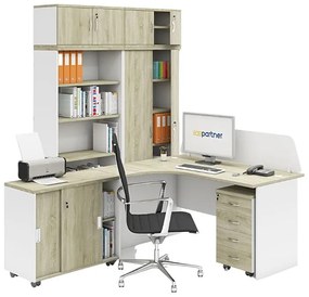 Biurko ergonomiczne MIRELLI, lewe, biały/dąb sonoma