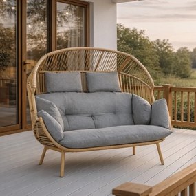 Fotel ogrodowy 2-osobowy kokon Belira, technorattan, boho, z szarymi poduszkami
