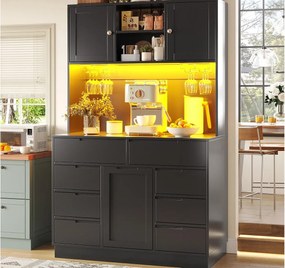Mebel kuchenny - 120x40x183 cm - 2 drzwi i 8 szuflad - wieszak na kieliszki do wina - z oświetleniem LED i gniazdkiem elektrycznym - Czarny