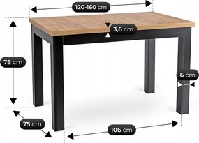Stół Prostokątny Rozkładany SKUBI 120-160 cm Dąb Craft/Czarny Loft