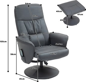 HOMCOM Fotel Masujący z Podnóżkiem, Ergonomiczne Krzesło z 10 Punktami Wibracji, Skóra Ekologiczna, 76 x 81 x 105 cm, Ciemnoszary