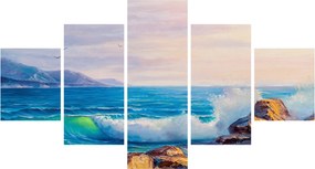 Obraz fal uderzających w klify, obraz olejny (125x70 cm)