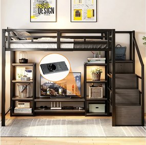 Łóżko piętrowe dla dzieci - 140 x 200 cm - ze szafką RTV + gniazdkiem elektrycznym + drabinką bezpieczeństwa + półką - metalowe - czarne