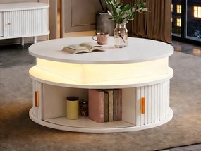 Okrągły podnoszony stolik kawowy 75x75x52 cm - z oświetleniem LED - 2 drzwi - przegródki do przechowywania - biały