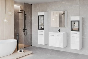 Meble łazienkowe, zestaw wiszący do łazienki z umywalką, 2 słupkami i szafką lustrzaną, korpus biały mat / fronty biały połysk