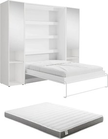 Łóżko chowane w szafie pionowe 140 x 200 cm - 2 kolumny do przechowywania - Z lustrami i oświetleniem LED - Białe + Materac - RAPILI