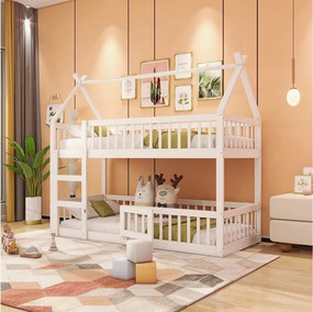 Łóżko piętrowe 90 x 200 cm - Łóżko dziecięce ze schodkami i barierką - białe - bez materaca