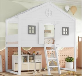 Łóżko piętrowe 90x200 cm z litego drewna - z drabinką - w kształcie dachu - Białe