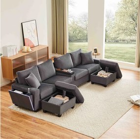Sofa w kształcie litery U - 334 x 128,5 x 81 cm - z 2 stołkami + lampka do czytania + schowek + USB + diody LED - aksamitna - szara