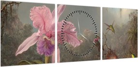 Obraz - Martin Johnson Heade, Cattleya Orchid and Three Hummingbirds, reprodukcje (z zegarem) (90x30 cm)