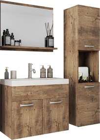 Zestaw mebli łazienkowych, komplet wiszący z umywalką, lustrem i słupkami, kasztan mat