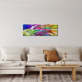 Obraz - Mur z cegły z kolorowymi płomieniami (z zegarem) (90x30 cm)