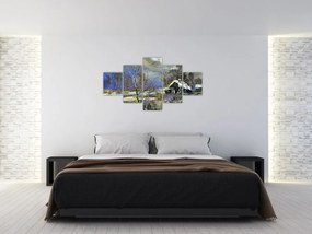 Obraz chaty w zimowym krajobrazie, obraz olejny (125x70 cm)