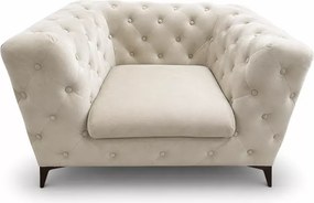 (Wyprzedaż) Fotel Chesterfield Moet pikowany guzikami w kolorze ecru i metalowymi czarnymi nóżkami, ecru welur