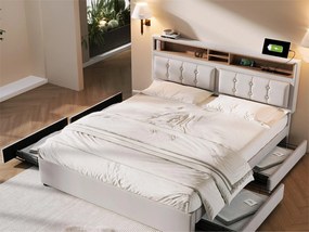 Łóżko z regulowanym wezgłowiem - 140 x 200 cm - 4 szuflady, półki i gniazdo USB C - tkanina lniana - kolor beżowy