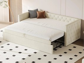 Łóżko z funkcją spania tapicerowane welurem - 90/180x200 cm - z stelażem na listwach - Beżowe